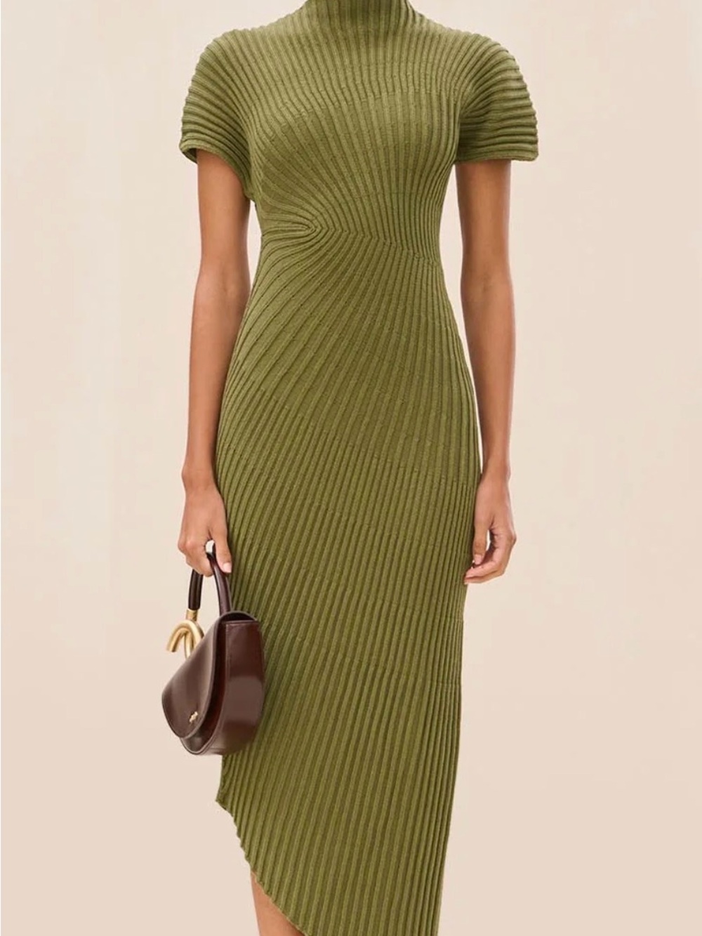 cult gaia NWT Olive Ribbed Knit Asymmetrical Midi Dress size 6 $400